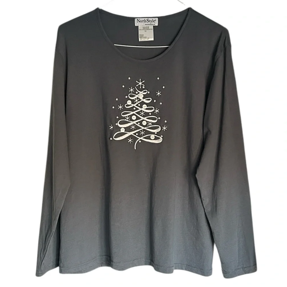 NorthStyle Gray Long Sleeve Knit Studded T Shirt Christmas Tree Holiday Top 1X - Picture 2 of 6